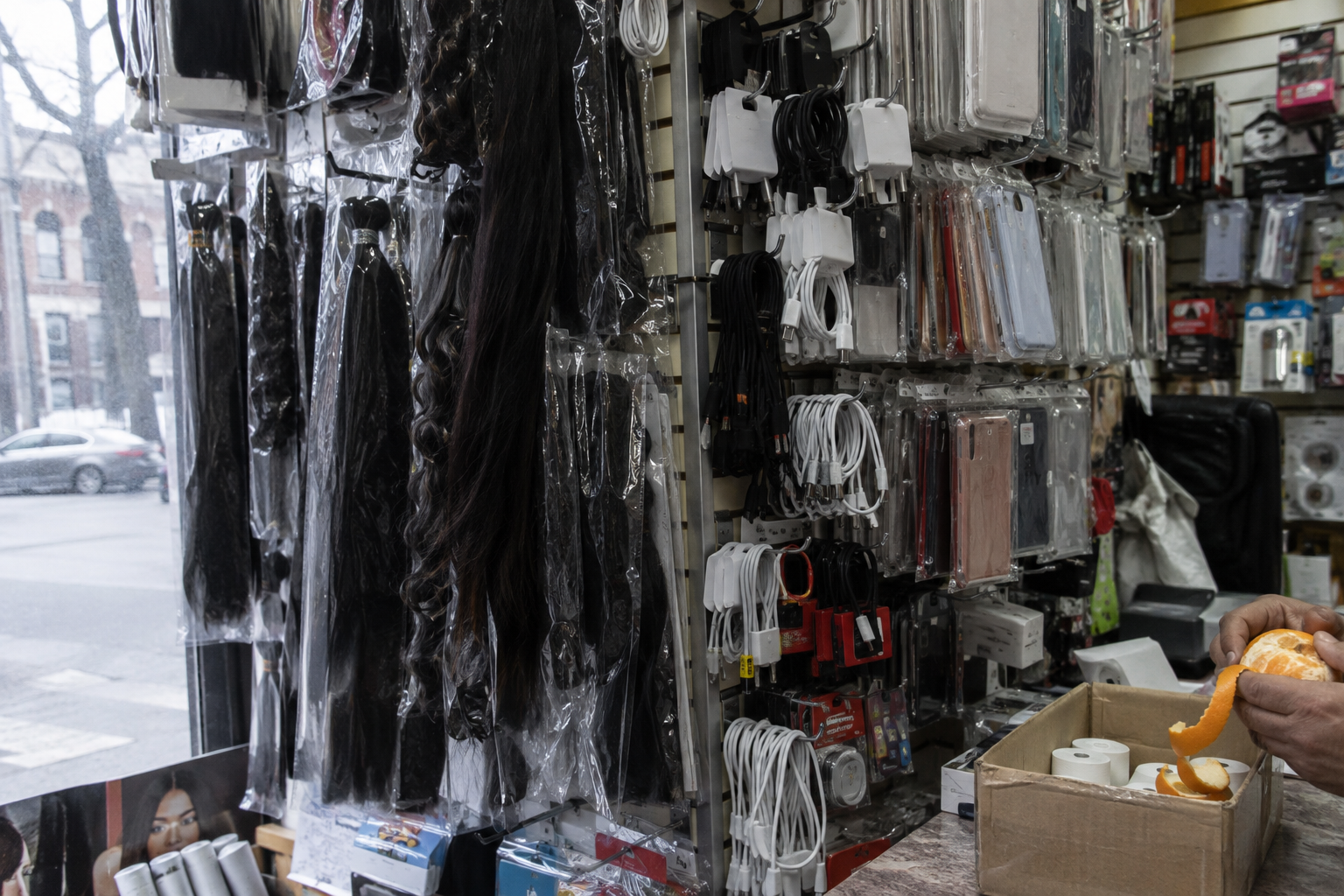 Black hair extensions hang among phone cables while a hand peels an orange over a cardboard box.